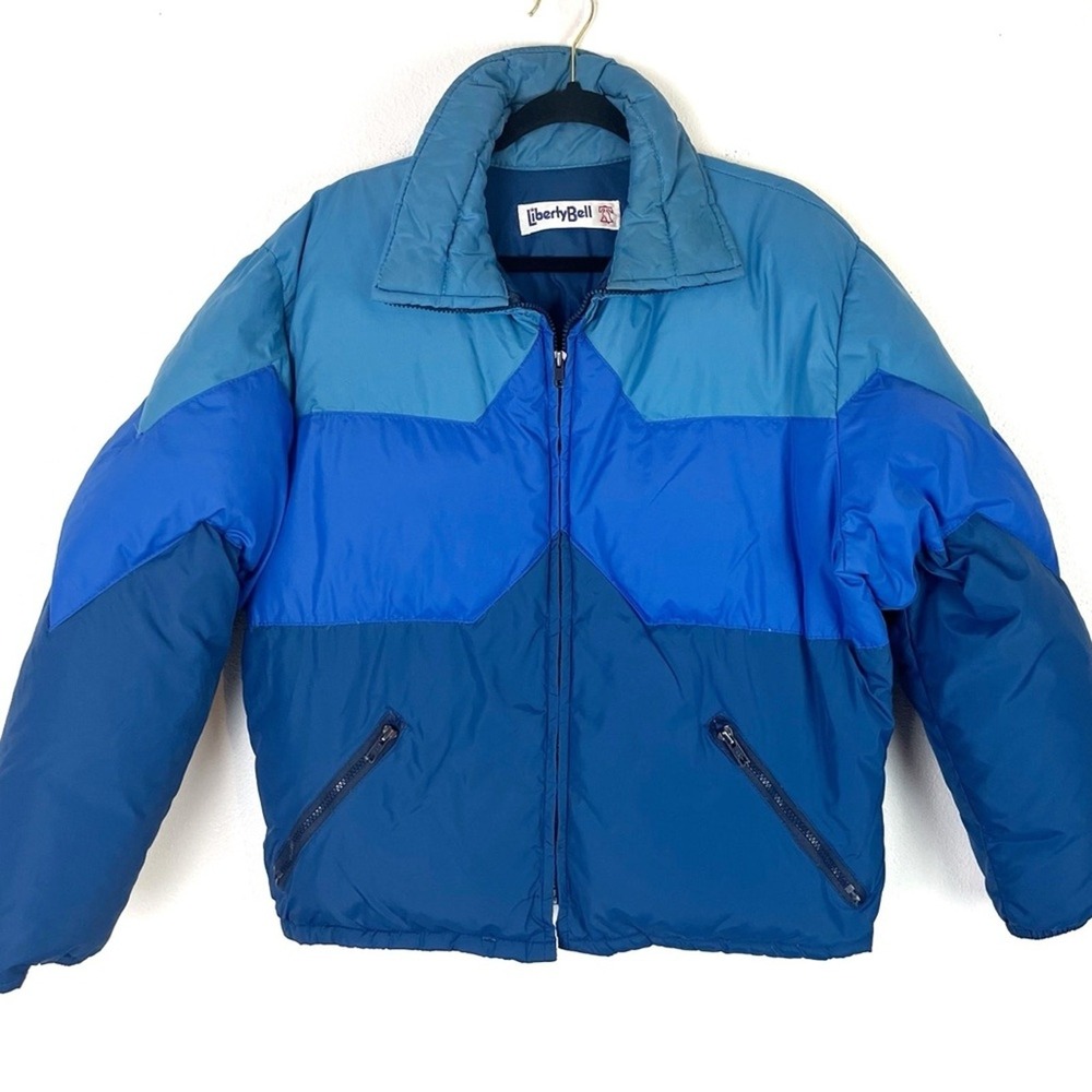Vintage Down Jacket Coat Puffer L Blue Unisex Color Block Winter Ski Retro 90s - Picture 9 of 9
